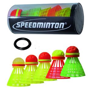 Set von fünf Speedminton-Discs in einem transparenten Behälter für Outdoor-Spiele, darunter verschiedene Farben für perfekte Sichtbarkeit.