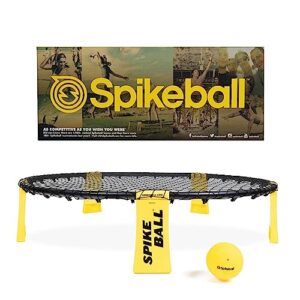 Spikeball-Set mit einem runden schwarzen Netz, gelben Füßen und einem gelben Ball, geeignet für dynamische Spiele im Park oder am Strand.