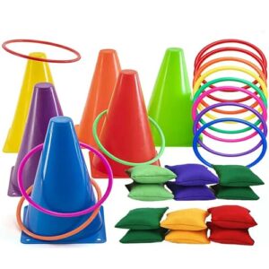 SQAQS 31PCS Outdoor Spiele Set für Kinder mit weichen Sicherheitskegeln, bunten Sitzsäcken und Wurfringen, ideal für Aktivitäten im Freien und drinnen.