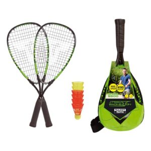 Talbot-Torro Speed-Badminton Set Speed 5500 mit zwei Alu-Rackets und windstabilen Bällen im Rucksack, limegrün-schwarz.