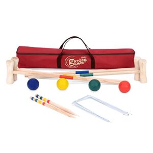 Traditional Garden Games Holzkrocket-Set für 4 Spieler, bestehend aus Holzschlägern, bunten Bällen und einer praktischen Tragetasche, ideal für Gartenpartys und Familienaktivitäten.