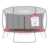 Rundes Gartentrampolin mit Sicherheitsnetz und rotem Rand, perfekt für Familien und Kinder, erhältlich in verschiedenen Größen.