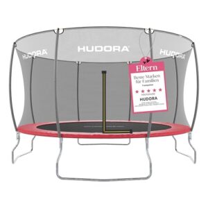 Rundes Gartentrampolin mit Sicherheitsnetz und rotem Rand, perfekt für Familien und Kinder, erhältlich in verschiedenen Größen.