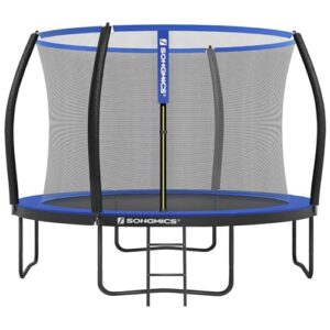 Rundes Gartentrampolin mit Sicherheitsnetz für Kinder, Durchmesser 305 cm, stabiler Stahlrahmen, schwarze und blaue Farbgestaltung.
