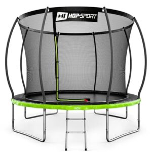 Outdoor Trampolin mit 305 cm Durchmesser, innenliegendem Sicherheitsnetz, rutschfester Leiter und Randabdeckung für sicheres Springen im Garten.