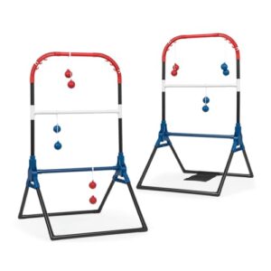 Klappbares Leiterball-Set für Outdoor-Spiel mit bunten Akzenten, bestehend aus zwei stabilen Spielständen und gewichteten Bolos in Blau und Rot, ideal für die ganze Familie.