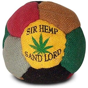 Mehrfarbiger World Footbag Sir Hanf Fußsack in Schwarz, Grün, Grau, Rot, Hellbraun und Gelb, ideal für Hacky Sack und Freestyle-Fußballspiele.