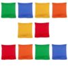 Farbenfrohes Set von 10 bunten Cornhole Säckchen in quadratischer Form für das Wurfspiel, geeignet für Erwachsene und Kinder.
