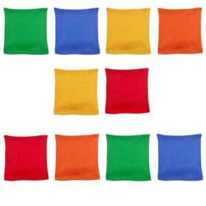 Farbenfrohes Set von 10 bunten Cornhole Säckchen in quadratischer Form für das Wurfspiel, geeignet für Erwachsene und Kinder.