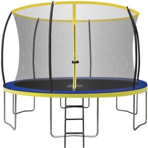 ZERO GRAVITY Outdoor Trampolin in blau und gelb mit Sicherheitsnetz und stabiler Leiter, geeignet für Gartenaktivitäten und Freizeitspaß für die ganze Familie.