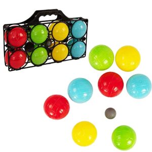 Buntes 8-teiliges Boccia Spiel Set mit verschiedenen farbigen Kugeln und einer Zielkugel in einem praktischen Tragebehälter, ideal für Outdoor-Aktivitäten und Familienunterhaltung.