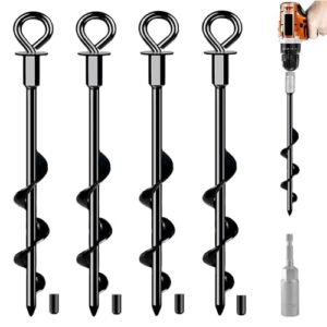 Set von vier robusten Metall-Bodenankern mit spiralförmiger Struktur, ideal zur Sicherung von Trampolinen, Zelten und anderen Outdoor-Ausrüstungen gegen starke Winde.