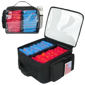 Black Cornhole carrying case designed for up to 8 regulation bean bags, featuring padded divider and customizable flag patch area, perfect for organizing and transporting cornhole equipment.