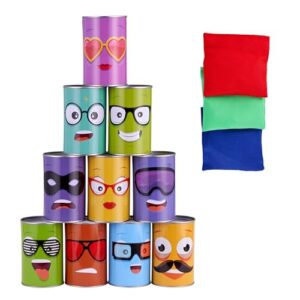 Bunt gestaltetes Dosenwerfen Set für Kinder mit 10 Blechdosen in einer pyramidenförmigen Anordnung und 3 Wurfsäckchen in verschiedenen Farben.