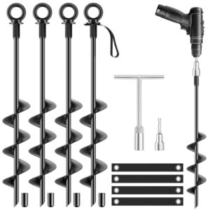 Bodenanker Set mit 4 x 45,7 cm großen Bodenankern, T-Schlossel und Bohrmaschineneinsatz für schnelle Installation von Zelten, Schaukelgestellen, Vordächern und Campingausrüstung