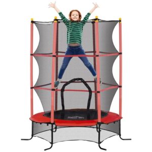 HOMCOM Kindertrampolin mit Sicherheitsnetz, Randabdeckung und Gartentrampolin für Kinder 3-10 Jahre, bis 50 kg belastbar, Rot