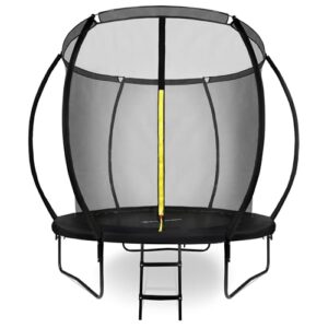 Hypermotion Trampolin für Kinder mit schwarzem Design und Sicherheitsnetz, ideal für den Garten. Robuste Bauweise und wetterfest für sicheres Spielen.