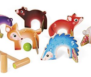 Janod Forest Animals Krocketspiel aus Holz für Kinder, bestehend aus Schlägern, Bällen und bunten Tiermotiven, ideal für Outdoor-Spielstunden.