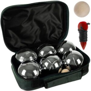 KRUZZEL Boule 6 Kugel Set in schwarzer Tragetasche mit Zubehör, geeignet für Outdoor-Aktivitäten, einschließlich gravierter Kugeln und cochonnet.
