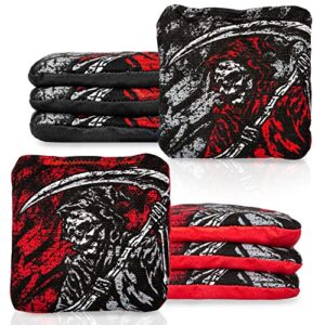 Set von 8 hochwertigen Cornhole Taschen in Rot und Grau, ideal für Turniere. Die Taschen besitzen eine doppelseitige Konstruktion mit glatter und klebriger Oberfläche für flexibles Spielverhalten. Wetterfest und langlebig.