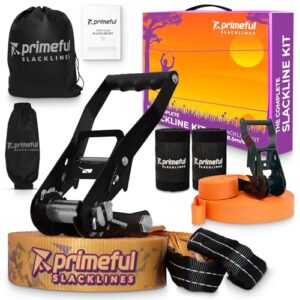 Primeful Slackline Set für Kinder und Erwachsene, 18,5m Länge mit ergonomischer Ratsche, Übungsleine und Armtrainer für Training von Körperkraft und Balance.