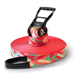 Farbenfrohes Slackline Set Zig Zag mit 35 Metern Länge, geeignet für Kinder, Anfänger und Profis, inklusive Ratschenschutz und tragbarem Beutel.