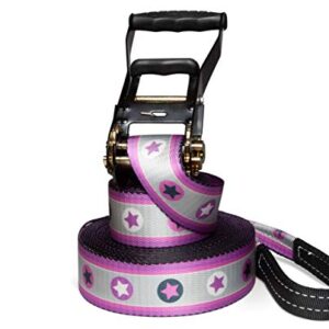 Slackline Set in Pink mit Sternen, 25 Meter lang, ideales Komplettset für Kinder und Anfänger, inklusive Halteseil und Tragebeutel.
