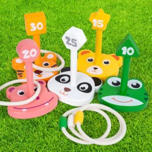 Ringwurfspiel aus Holz, Wurfspiel mit 5 Spielstäben und 5 Ringen, Geschenk fuer Kinder, Gartenspiele fuer Kinder