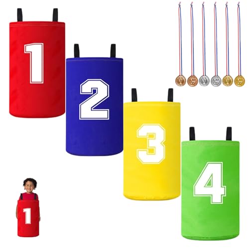 10 Stück Sackhüpfen Spielset für Kinder, Outdoor Spiele zum Geburtstag oder Familienfest mit Medaillen und Dosenwerfen