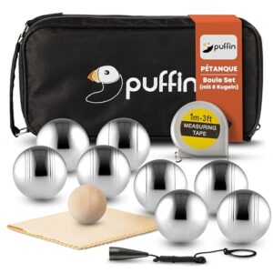 Puffin Boule Set, Petanque Spiel mit 8 Metallkugeln und Zubehör, Outdoor Spielzeug für Familien und Freunde