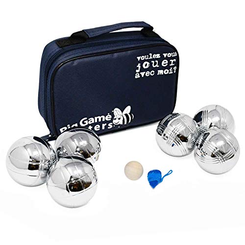 Boule 6 Kugel Set mit Rostschutz von Big Game Hunters - 3 haltbare polierte Metallkugeln pro Spieler mit Gravierten Motiven in einer Canvas-Tasche