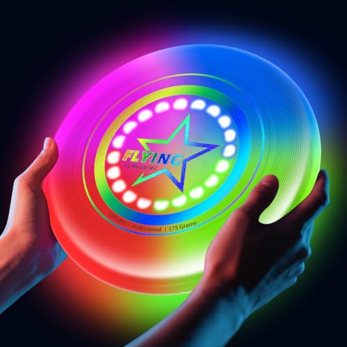 Ultraheller Flying Disc mit 12 Lichtprogrammen, wiederaufladbar und stoßfest. Ideal für Nachtspiele, Gartenpartys oder Kindergeburtstag.