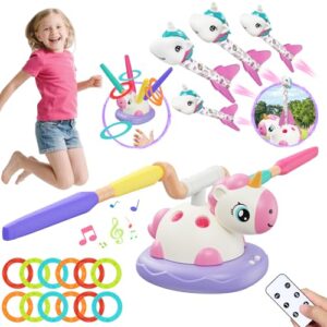 Einhorn 3 in 1 Bewegungsspiel für Kinder ab 3 Jahren: Raketenstarterspiel, Musik-Springspiel mit Fernbedienung und Ringwurf mit 12 Ringen. Ein lustiges Spielzeug für Kinder zum Spielen im Garten oder an anderen offenen Plätzen.