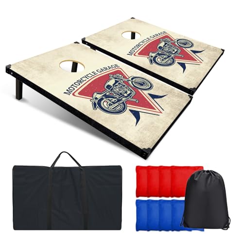 Klassisches Cornhole-Spielset für Gartenpartys, Outdoor-Aktivitäten mit Familie und Freunden. 2 falzbare MDF-Holzplatten (91x60 cm), 8 wetterfeste Bohnensäcke und eine Aufbewahrungstasche.