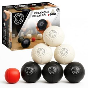 Indoor-Petanque-Spielset mit 6 schwarzen und weißen Kugeln, 1 Cochonnet und 1 Transporttasche. Perfekt für Kinder und Erwachsene, um Spaß und Action zu erleben.