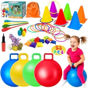 JOY SPOT! 53 Stück Outdoor Spiele für Kinder, Kindergeburtstag Party, 45cm Hüpfbälle & Ringwurfspiele, Pylonen & Sandsäcke, Eierlaufen, 5 in 1 Karnevals Spieleset