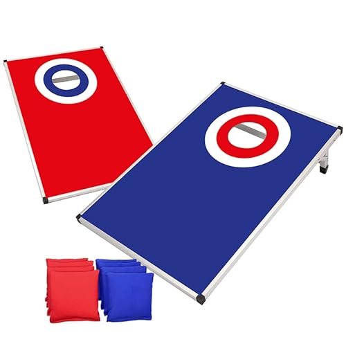 Offizielles Cornhole Spiel Set mit Aluminium Brettern und roten blauen Stoffsäcken für Outdoor und Strandspiel