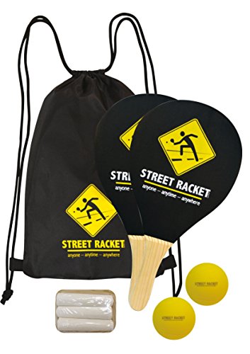 Street Racket Set, 2 Holzschläger, 2 Softbälle und Straßenmalkreide in einem Polyester-Carry-Bag für ein unterhaltsames Spiel