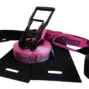 4-teiliges Slackline-Set in neon Pink, 50mm breit, 25m lang, mit Langhebelratsche, für Anfänger und Fortgeschrittene geeignet