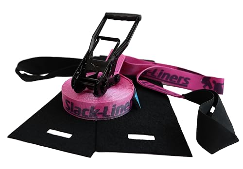 4-teiliges Slackline-Set in neon Pink, 50mm breit, 25m lang, mit Langhebelratsche, für Anfänger und Fortgeschrittene geeignet