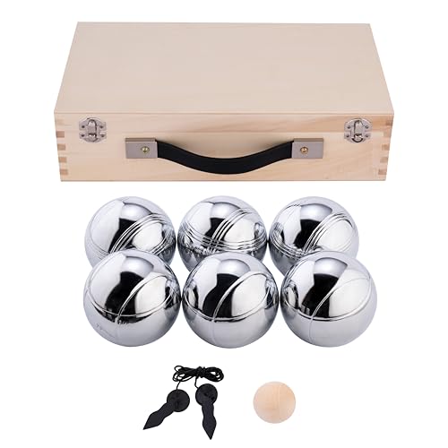Petanque-Spielzeug-Set mit 6 Chrom-Boulen, Holz-Koffer und Spielregeln