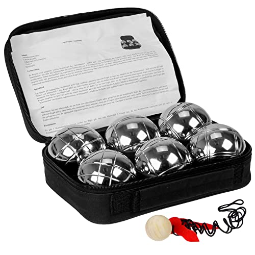 Boccia Kugeln Set, 6 Metall-Kugeln mit 73mm Durchmesser und 720g Gewicht, Holzkugel, Abstandsmesser und Luxuriöser Tragetasche für Outdoor-Spiele im Garten und Strand