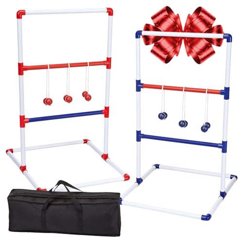 Ladder Toss, ein Geschicklichkeitspiel für Kinder und Erwachsene. Zwei Plastikleitern, 12 rote und blaue Bolas sowie eine Tragetasche.