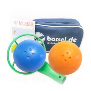 Boßelset aus 2 Kugeln, Kraber und Tasche in gelb/rot und orange/blau für Spiel und Spaß
