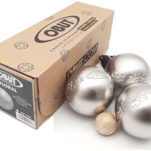 Klassische Petanque-Boule aus Edelstahl mit silberner Fassung, produziert von Obut in Frankreich