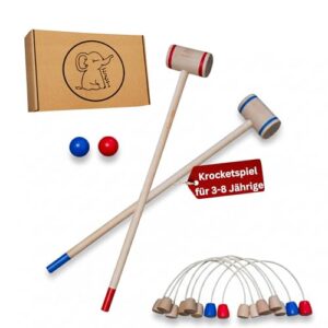 Eli Krocket Spiel für Kinder, Holzspielzeug für Jungen und Mädchen ab 3 Jahren, Krocket Set für Indoor und Outdoor mit Schlägern, Bällen und Ziegen aus Holz.