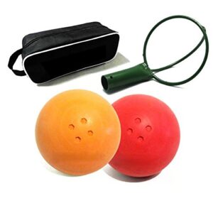 Boßelset mit 2 Kugeln, Kraber und Tasche in gelben und roten Farben