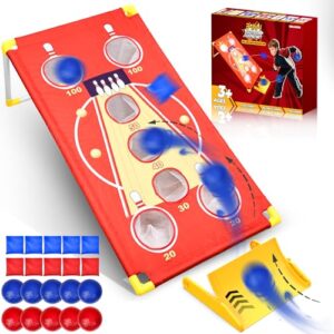 Ein 3-in-1 Wurfspiel-Set für Cornhole, Bean Bag Toss und Ball-Toss-Spiel. Das Set besteht aus einem Spielbrett, einer Ballrampe, 10 Beanbags, 10 aufblasbaren Bällen und einer Pumpe.