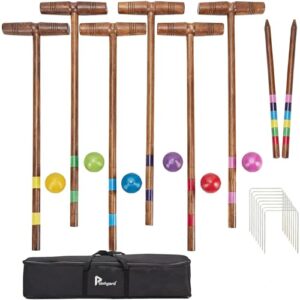 Krocket-Set mit 6 farbigen Holzschlägeln, Wickets und Heringen für ein unvergessliches Rasenspiel oder Hinterhofspiel.