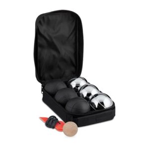 Boule Kugeln Set mit 6 Metall-Kugeln, Zielkugel und Abstandsmesser für Boccia Spiel in schwarz und Silber